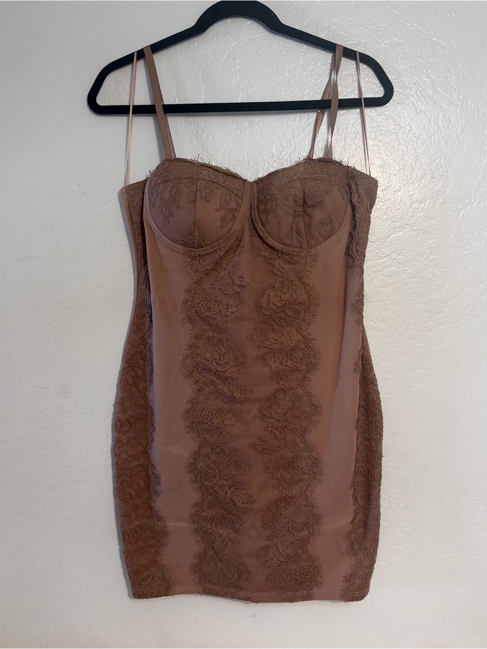 Haute Monde Brown Lace Mini Dress with vertical floral Lace Overlay, Large